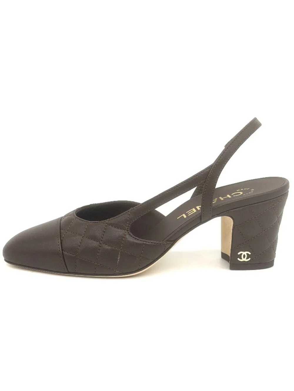 CHANEL 26B Coco Quilted Leather Mademoiselle Slingback Sandals Block Heels Pump